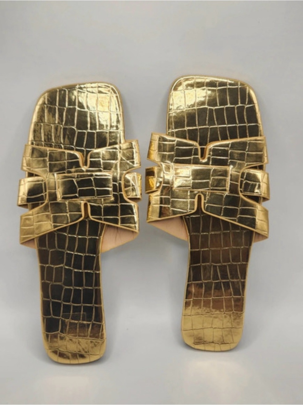 Metallic Gold Croc-Embossed Bow Slide Mules - Women